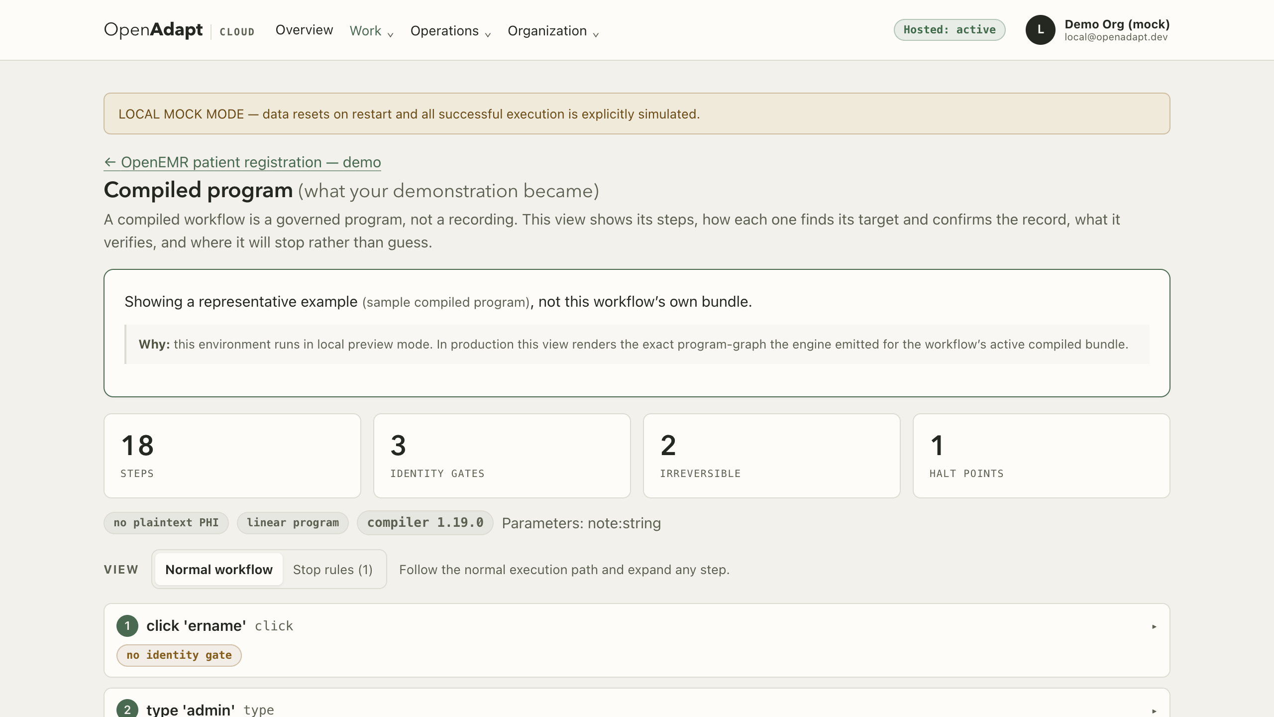 OpenAdapt Cloud program visualizer: a compiled workflow rendered as an inspectable program graph.